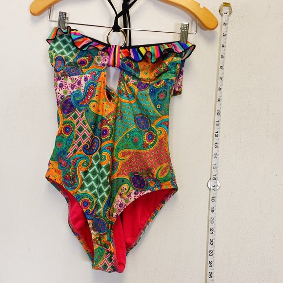 ABS Swimsuit 8 One Piece‎ Floral Paisley Colorful Ruffle Strappy Allen Schwartz - Picture 4 of 9